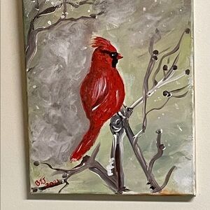 Red Cardinal Bird Painting original painting, 8” x 14.